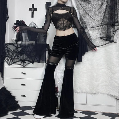 Black Mesh T-shirt Gothic Street Lace-up Punk Ring Flared Sleeves Eyelet Pullover Outer Harajuku Vintage Women Top