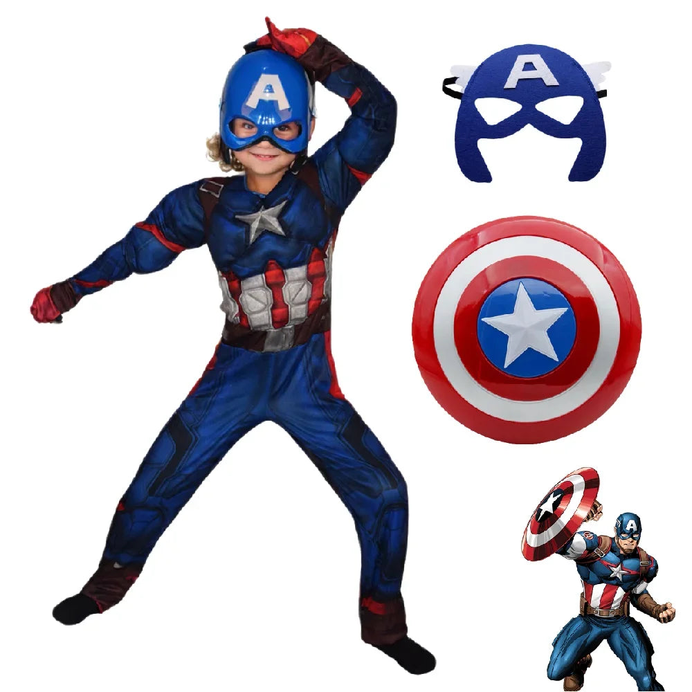 2025Kids Anime Superhero Costume Captain America Muscle Jumpsuit with Shield and Mask Cloak for Halloween Carnivals Cosplay Suit