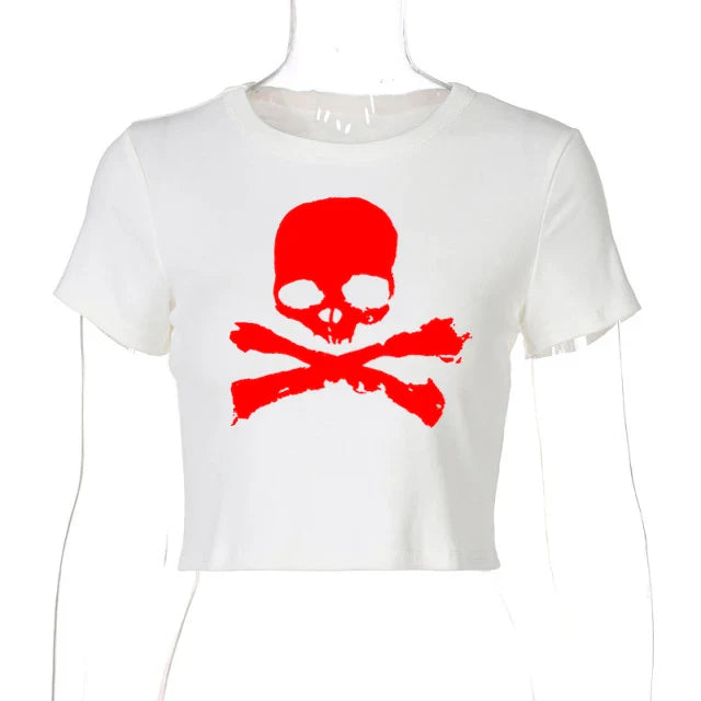Vintage Grunge Graphic Print Short Sleeve T-Shirt Y2k Slim Crop Top Gothic Skull Punk Streetwear Women's Tee Summer Casual 90s