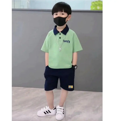 ‌Boys' 2026 New Summer Polo Shirt & Shorts 2-Piece Set Trendy Sporty Waffle Knit Outfit Cool Casual Toddler Kids Clothing