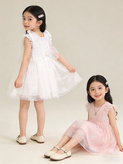 Girls Summer White Princess Dress Kids Tulle Tutu Skirt With Wings Cute Baby Girls Fluffy Party Dress For Birthday Holiday