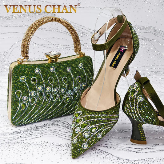 2025 Elegant Rhinestone Pointed Toe Pumps With Matching Bag Set Large Size shoes Big Bag for Women's Party High Heels