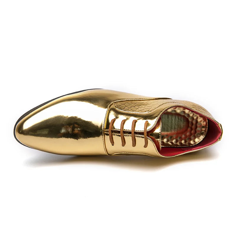 New 2025 Luxury Gold Men High Heel Leather Shoes Moccasins Designer Pointed Dress Shoes Men Wedding Formal Shoes Big Size 46