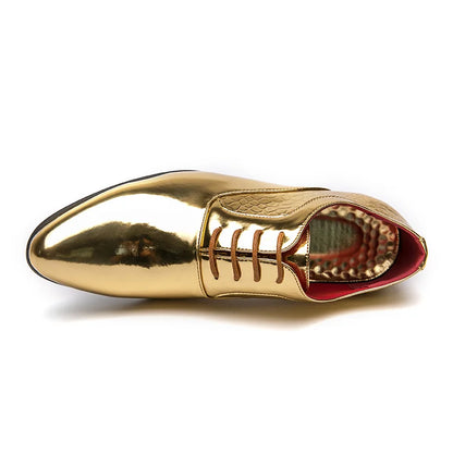 New 2025 Luxury Gold Men High Heel Leather Shoes Moccasins Designer Pointed Dress Shoes Men Wedding Formal Shoes Big Size 46