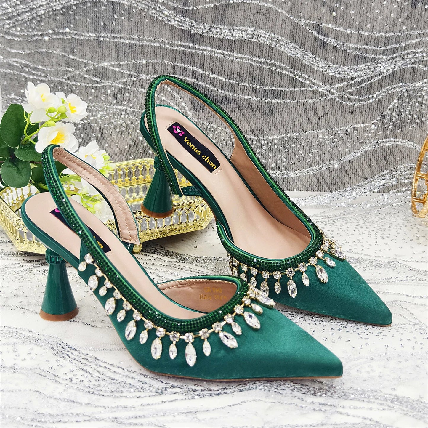 Pointed-Toe High Women Heels Shoes and Bags for Women Rhinestone Evening Party Elegant Luxury Handbag