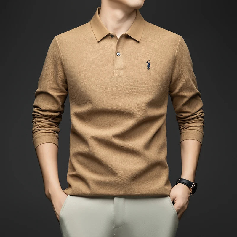100% Pure Cotton Men's Long Sleeved Polo Shirt, Collar T-shirt, Spring and Autumn Top, No Ironing, Wrinkle Resistant Embroidery