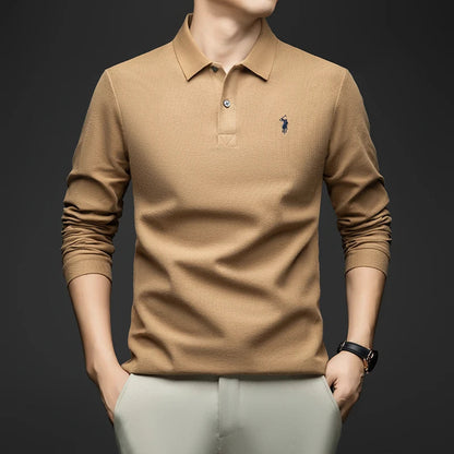 100% Pure Cotton Men's Long Sleeved Polo Shirt, Collar T-shirt, Spring and Autumn Top, No Ironing, Wrinkle Resistant Embroidery
