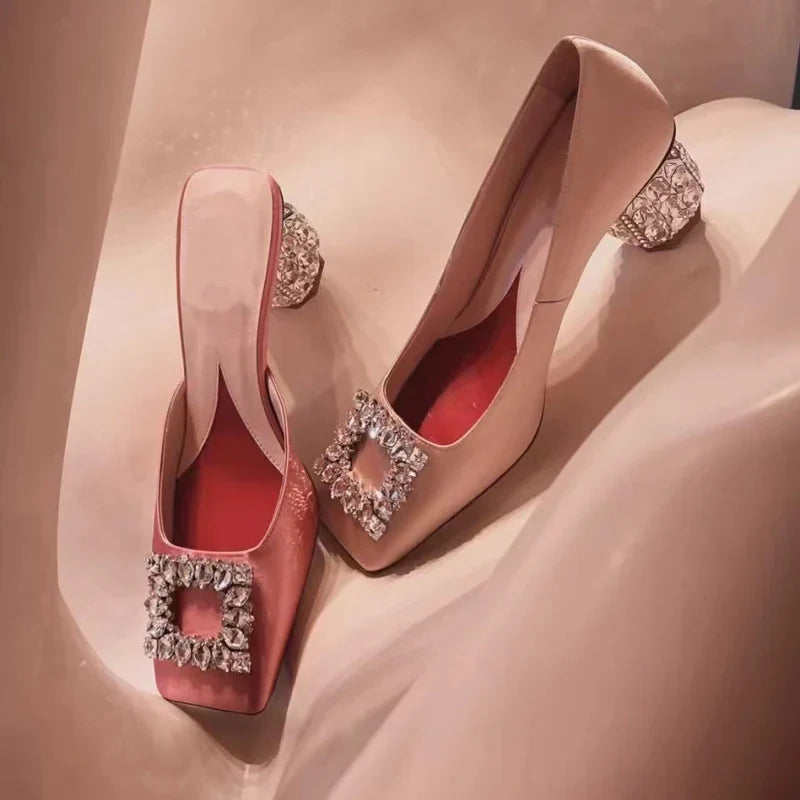 Summer Rhinestone Pumps Women Square Toe Mules Female Crystal High Heels Women Shoes Femmes Chaussures sandalias de las mujeres