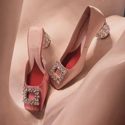 Summer Rhinestone Pumps Women Square Toe Mules Female Crystal High Heels Women Shoes Femmes Chaussures sandalias de las mujeres