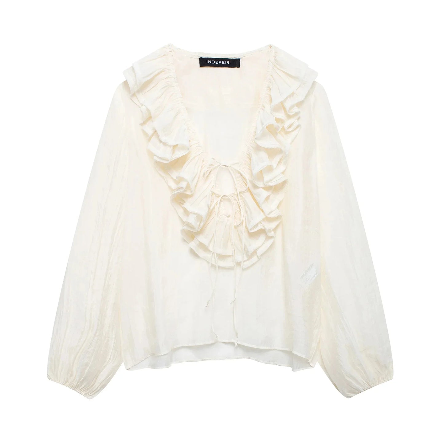 Elegant Women's Retro V-neck Ruffle Trim Long Sleeve Shirt 2025 Summer Casual Top Women's Fashion Translucent Thin Shirt