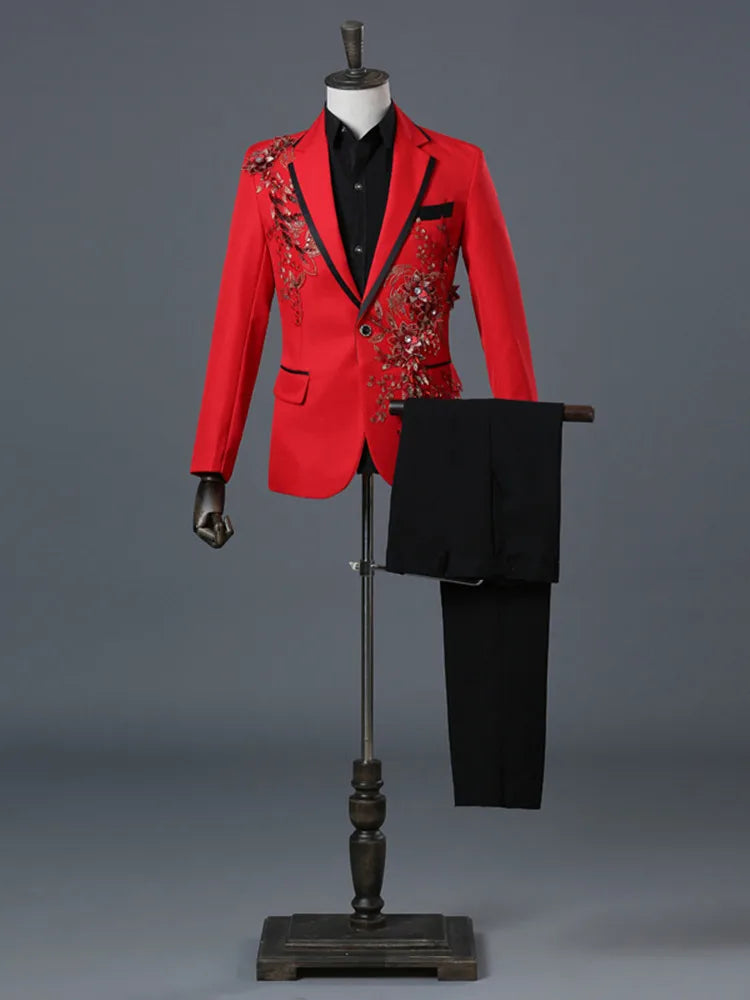 Elegant Appliqued Two-piece Men's Suit for Wedding Banquet Host Dance Prom Christmas Costume Men Blazer Chinese Style