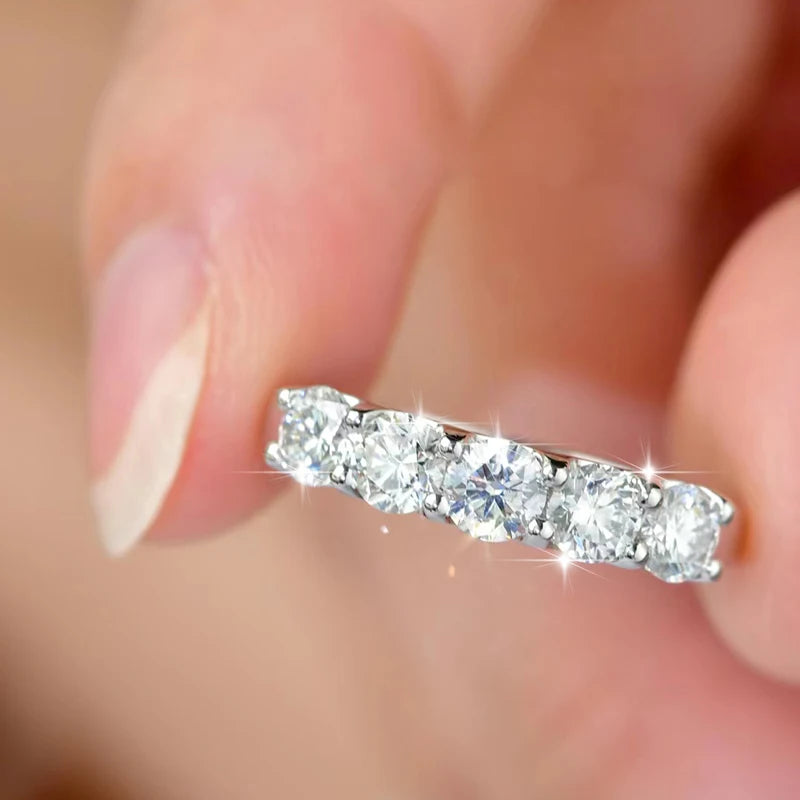 Full 4mm Moissanite Ring for Women 5 Stones Diamond Wedding Band Bride S925 Sterling Silver with White Gold Plated Rings