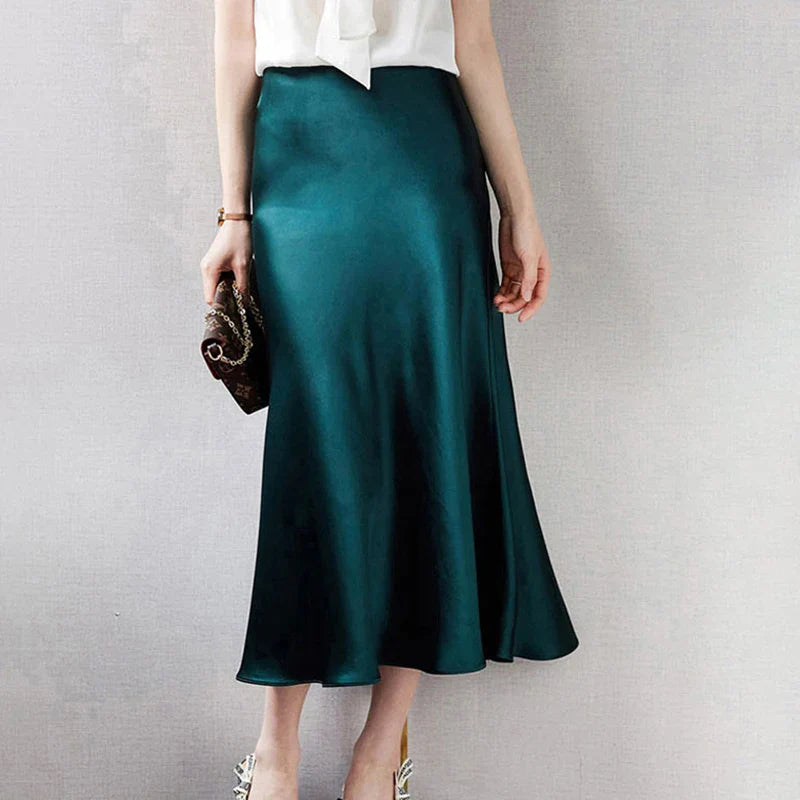 Women's Elegant Satin Midi Skirts High Waist Solid Color A-Line Skirt Summer Sophisticated Date Night Faldas de Mujer