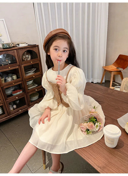 Spring Autumn Girls Dress Set Long Sleeve Children's Retro PU Leather Vest Dress Set Teenage Girls Clothing Suit 4 6 8  12Y