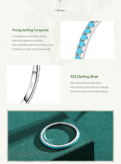 100% 925 Sterling Silver Classic Exquisite Circle Turquoise Charm Stackable Finger Ring For Women Trendy Fine Jewelry