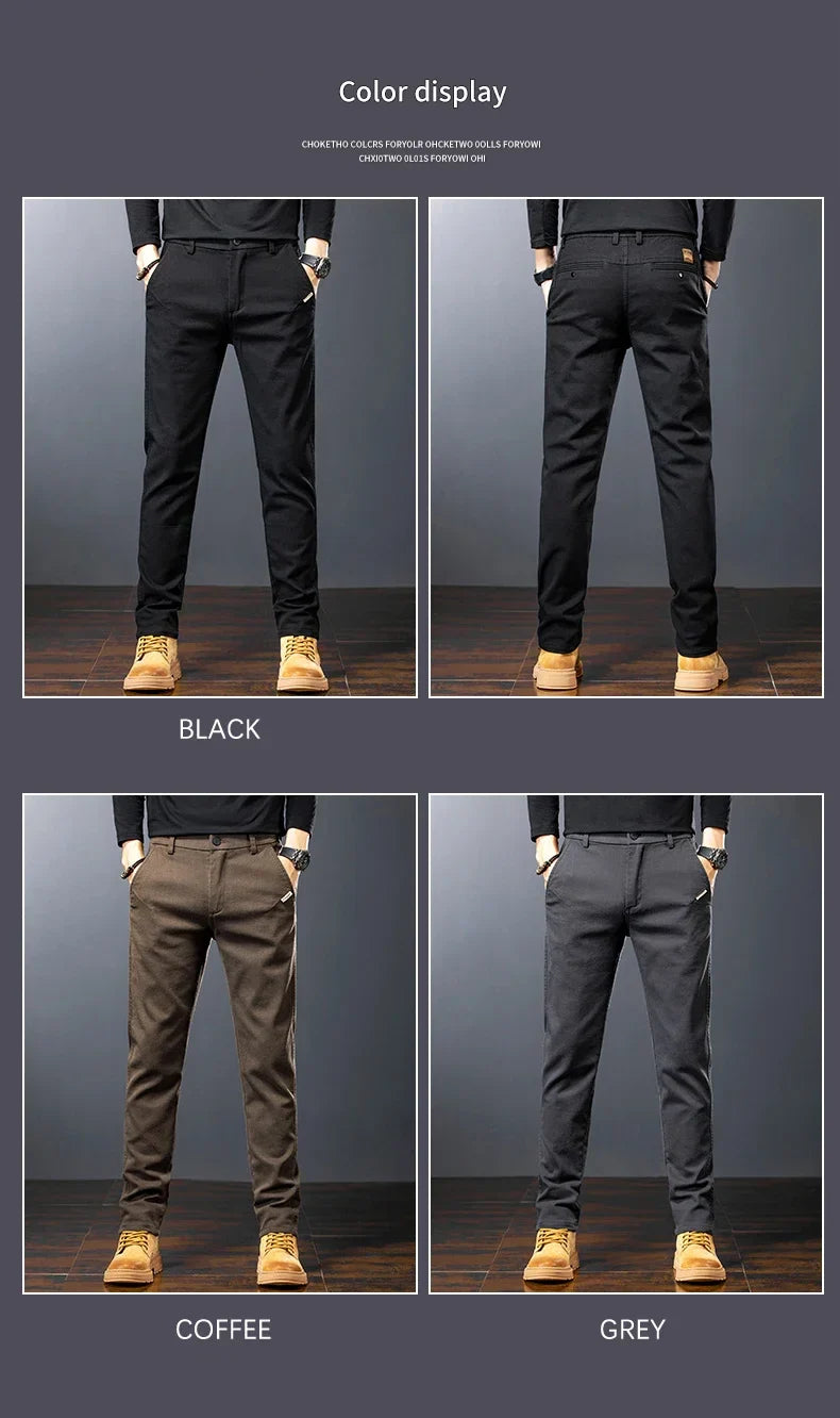 Men's Twill Slim Pants Business Straight Cotton Casual Trousers Brand Fashion Korean Elastic Coffee Black Gray Pant