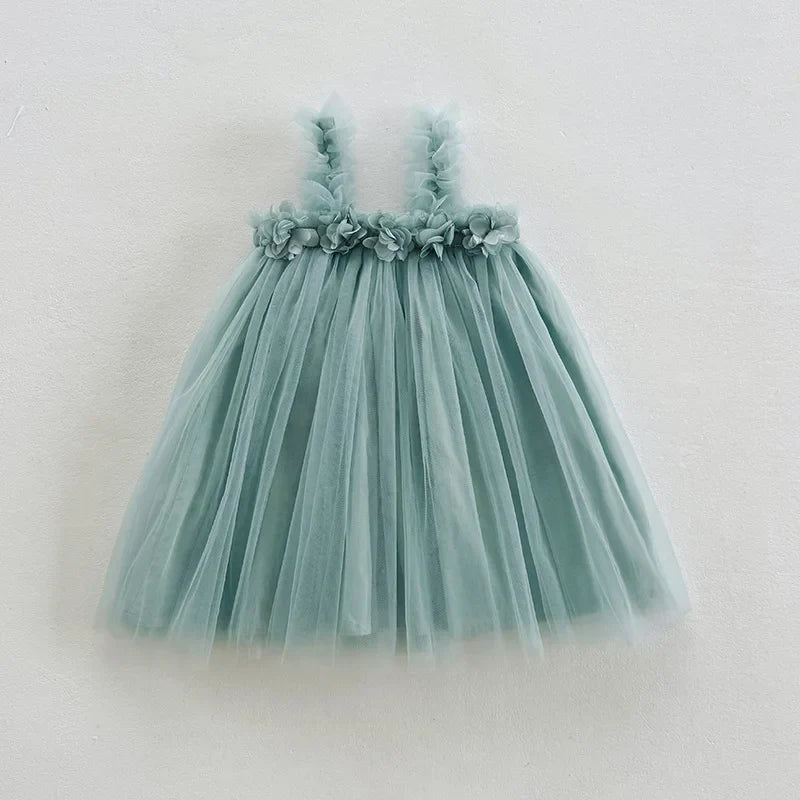 1-6 Y Girls Dresses  3D Flower A Line Dress for Girls Sleeveless Camisole Mesh Dress