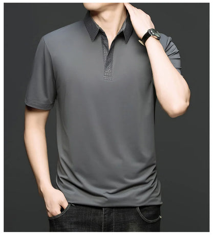 Fashion V-neck short sleeve T-shirt men's summer solid color silky smooth breathable personalized jacquard buttonless polo shirt