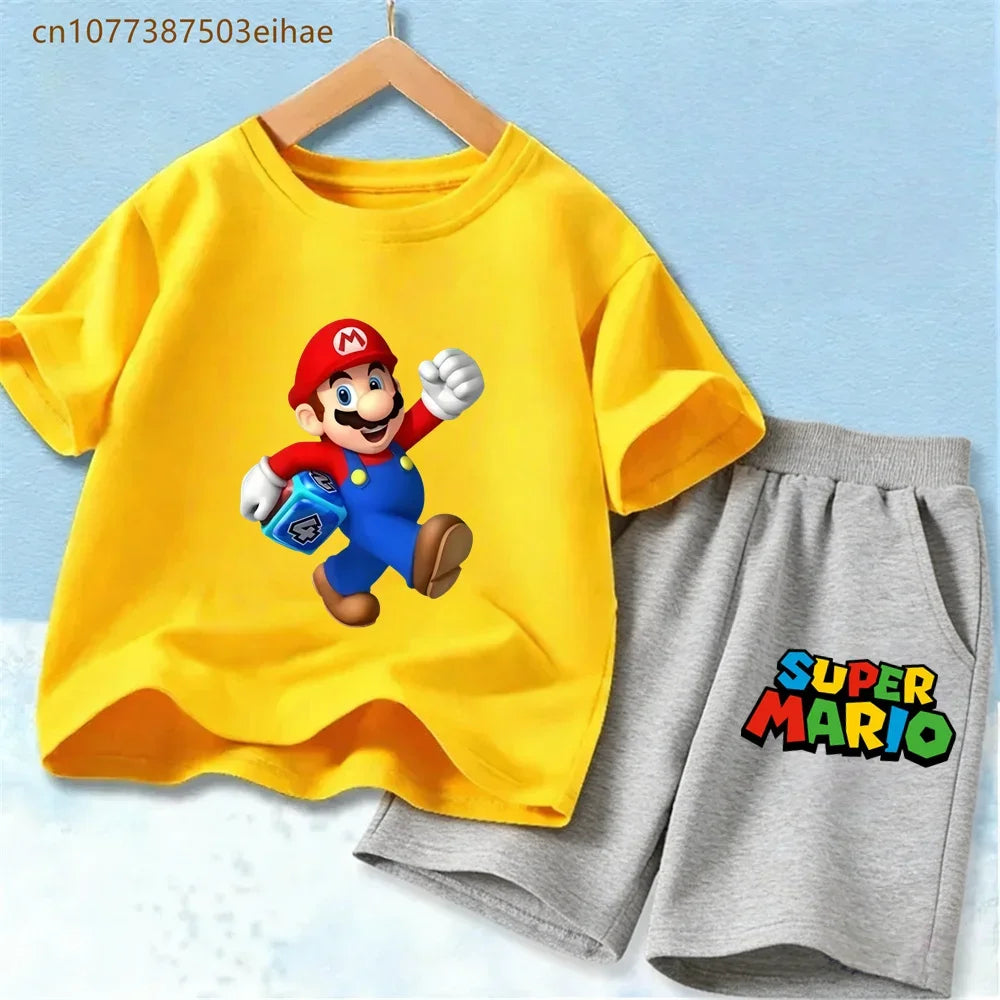 Kids Mario Graphic Short Sleeve T Shirt And Shorts Set Lightweight Summer Sport Costume Boys Girls Casual Home Outdoor Clothes