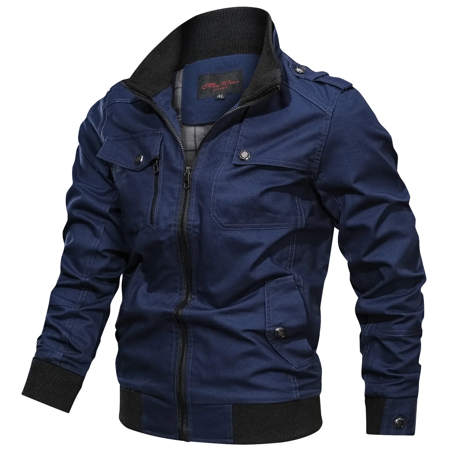 Casual solid color jacket, zippered pocket, stand up collar, oversized jacket, tough guy style, thin motorcycle top
