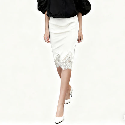 Women Satin Half Slip Skirts Lace Trim Elastic Waist Midi Skirt Elegant Silky Bodycon Knee Length Underskirts
