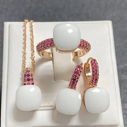 Conjunto de Joias Femininas 3 Peças - Anel, Brincos e Colar Banhados a Ouro Rosé com Zircônia Roxa Incrustada