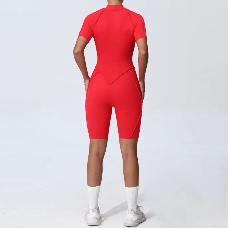 Zipper Short-sleeved Yoga Sports Fitness Jumpsuits Sets Without Chest Pad Tight Bodysuits Shorts Gym Workout Clothes for Women