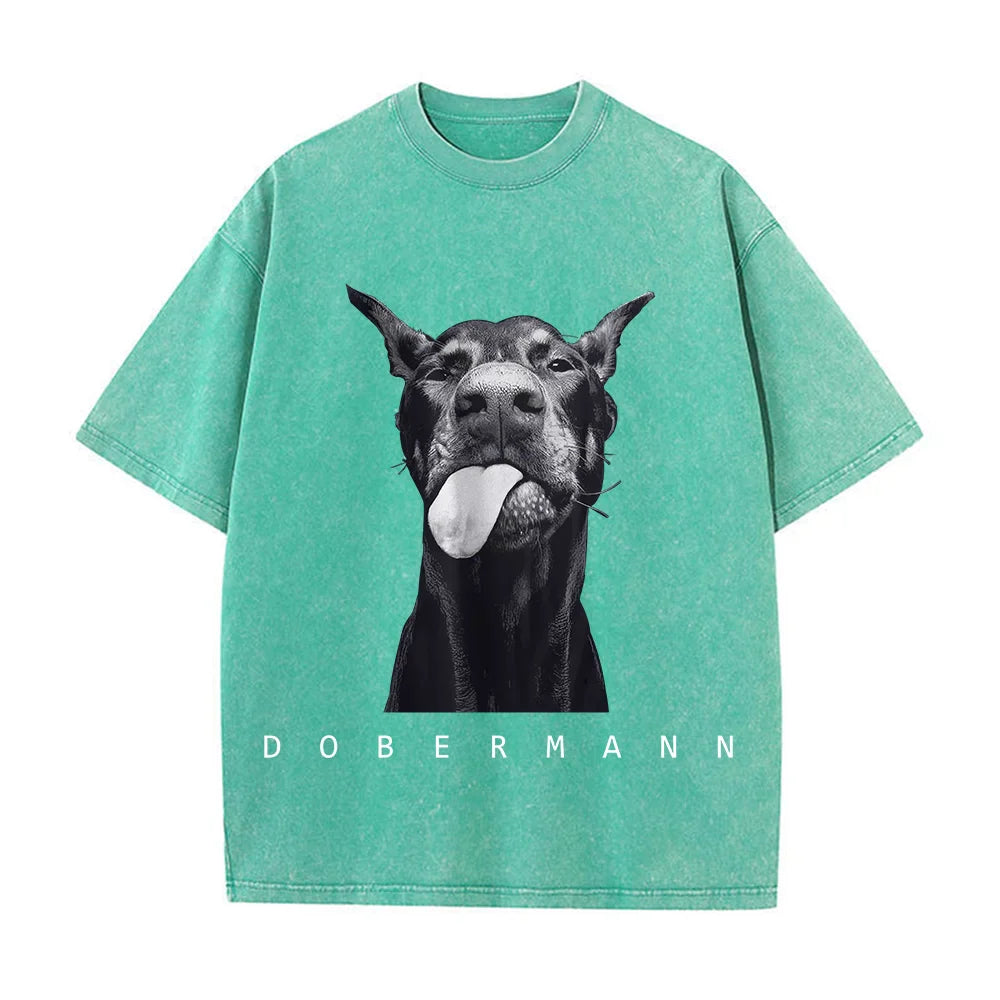 Camisetas femininas de algodão lavadas, moda criativa, estampa de Doberman, manga curta, gola redonda, folgadas, estilo destroyed, roupas femininas de rua