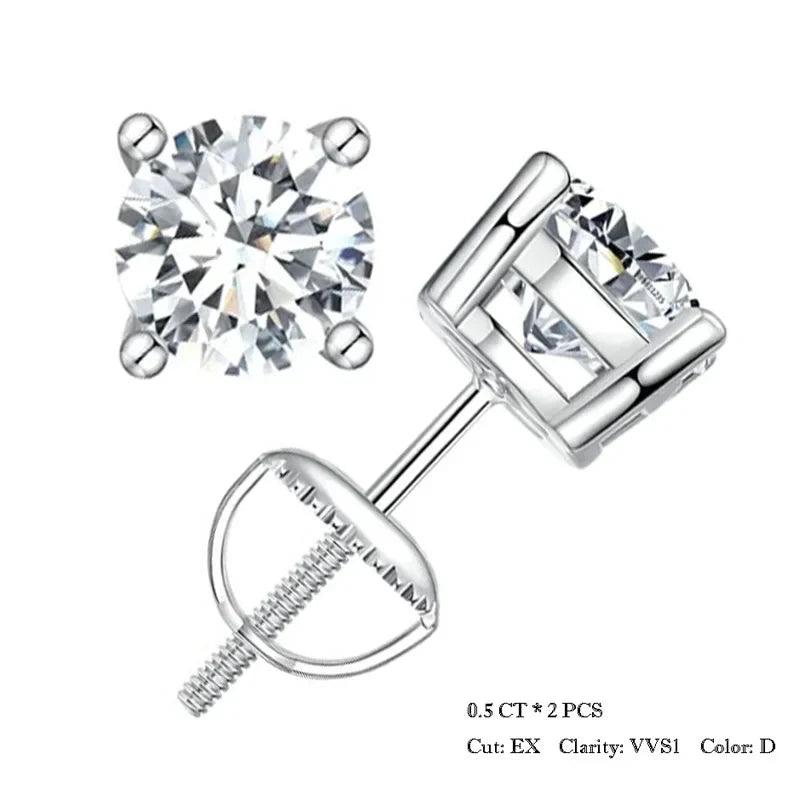 0.5-1ct Moissanite Screw Back Earrings for Women, D Color VVS1 Clarity Lab Created Diamond Earring White Gold Earrings
