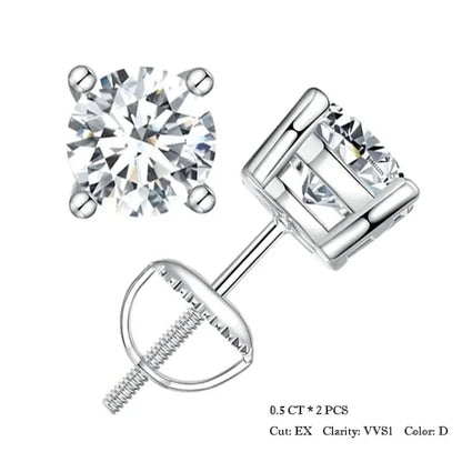 0.5-1ct Moissanite Screw Back Earrings for Women, D Color VVS1 Clarity Lab Created Diamond Earring White Gold Earrings
