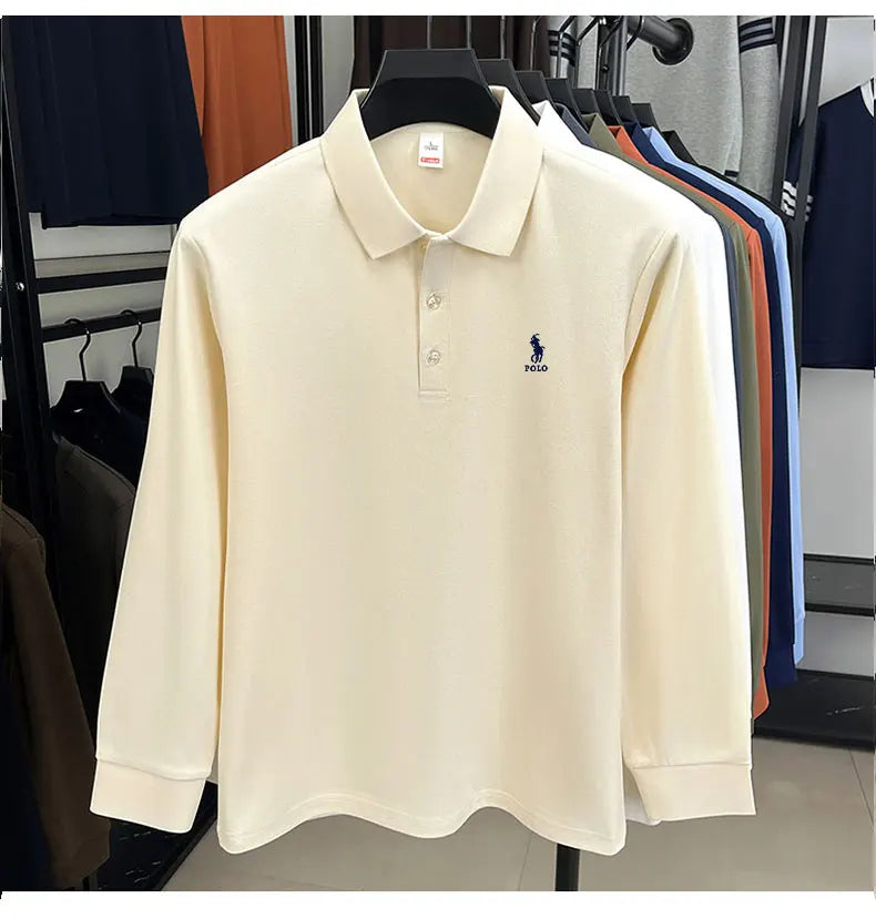 2025 autumn men's long sleeved T-shirt with a solid color polo shirt and a loose casual plus size base shirt