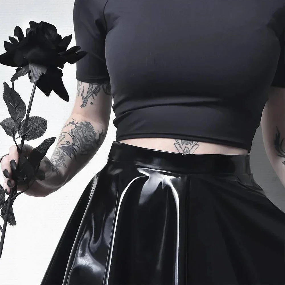 Womens Shiny PVC  Patent Leather Skirt Sexy Wet Look Leather Pleated Skirt Front Bodycon Elastic Latex Mini Short Skirt