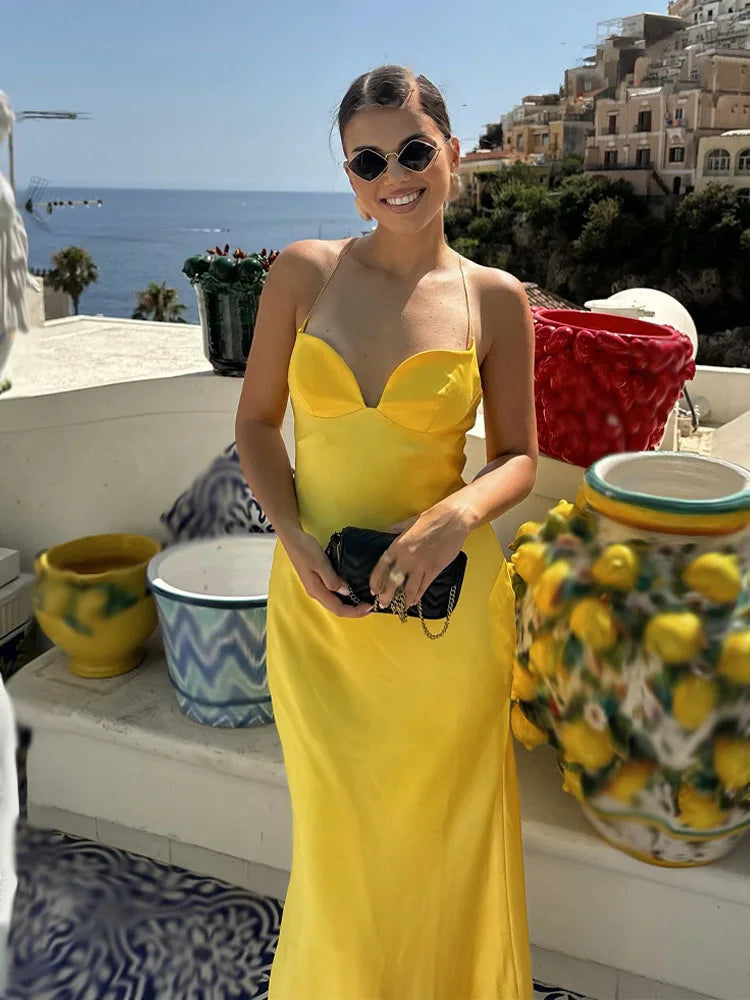 Women Red V-Neck Holiday Style Satin Texture Long Dress Sleeveless Summer Women's Back Zipper Fashion Sling Dresses