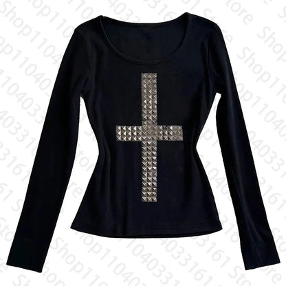 Gothic Grunge Punk Emo Girls Long Sleeve T-Shirt Sexy Slim Chic Print Casual Crop Tops Y2K Harajuku Aesthetic Women's Streetwear