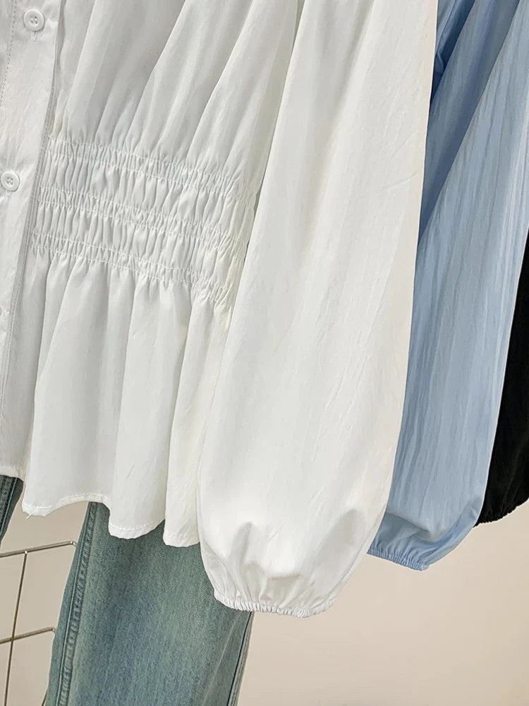 2026 V-neck Long Sleeved Plus Size Shirt Loose Pleated Ruffle Oversized Tops Ladies Chic Elegant Solid Versatile Blouse