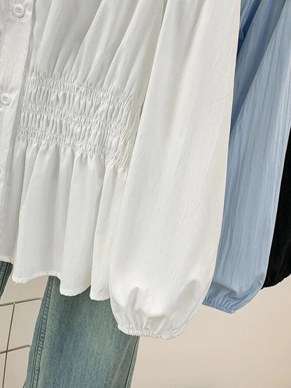2026 V-neck Long Sleeved Plus Size Shirt Loose Pleated Ruffle Oversized Tops Ladies Chic Elegant Solid Versatile Blouse