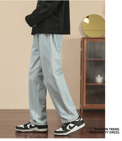 2023 New Korean Fashion Men's Casual Ankle-Length Jeans Classic Man Straight Denim Wide-leg Pants Light Blue Grey Black 3XL