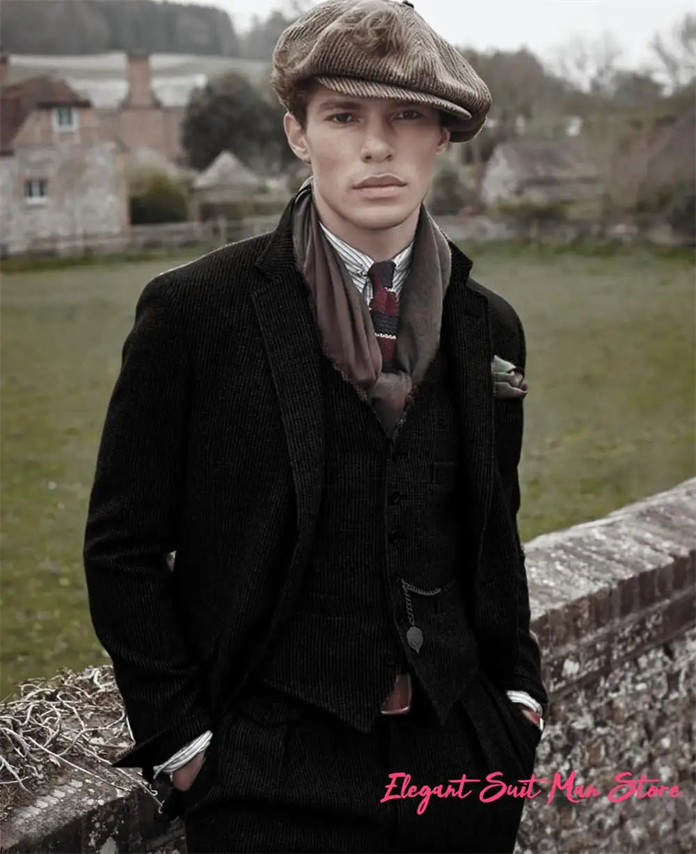 European Retro Wool Blend Men’s 3PC Suit Set Business (Jacket+Pants+Vest)Wedding Part Prom Dinner Wrok Travel Dinner Banquet