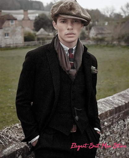 European Retro Wool Blend Men’s 3PC Suit Set Business (Jacket+Pants+Vest)Wedding Part Prom Dinner Wrok Travel Dinner Banquet
