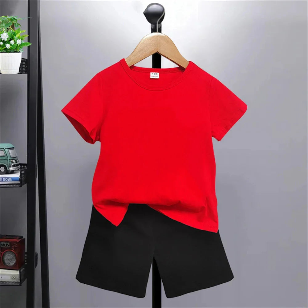 Boys Girls Age 3-12 Tee+shorts suit Children Short Sleeve T-shirts Casual Pink Black Fashion Summer Child loose Clothes