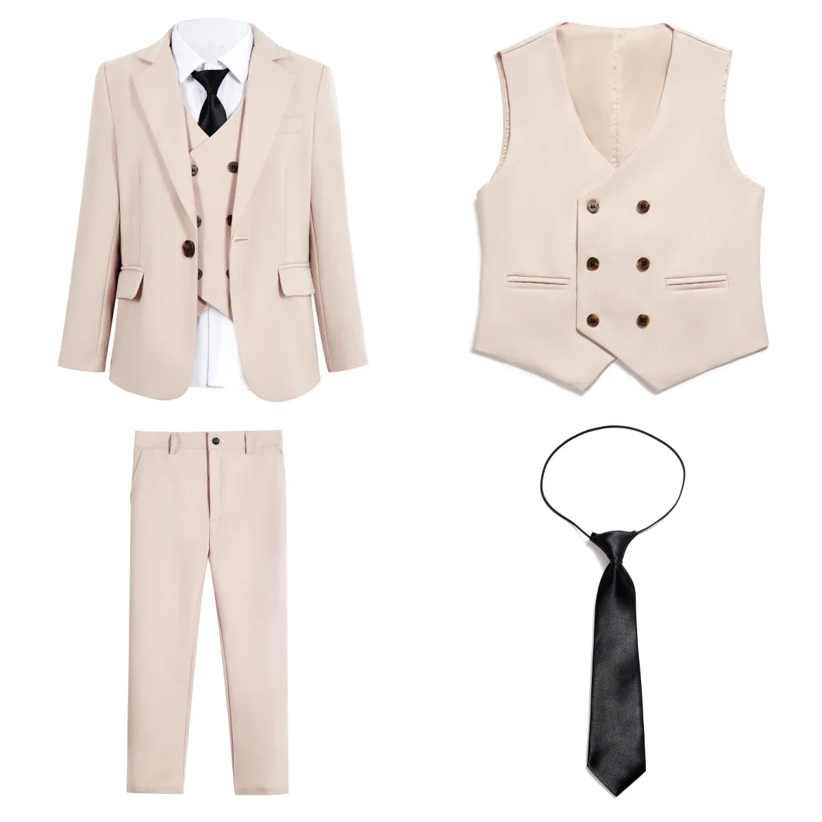 Champagne Solid Suit Set for Kids for Wedding Party, Graduation, Communion, Back-to-School  Chidren Tuxedo Set 4 Pcs Suits