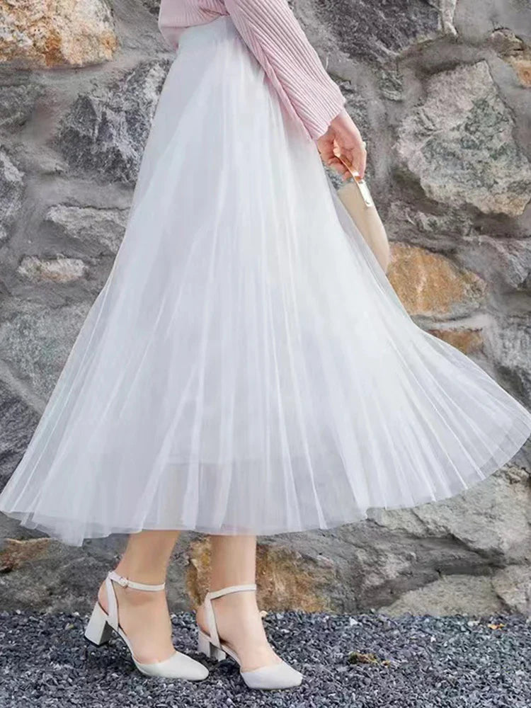 Elegant Women Tulle Skirt  Korean Fashion Mesh White A Line Ladies Pleated Skirt Summer Chic High Waist Black Party Faldas