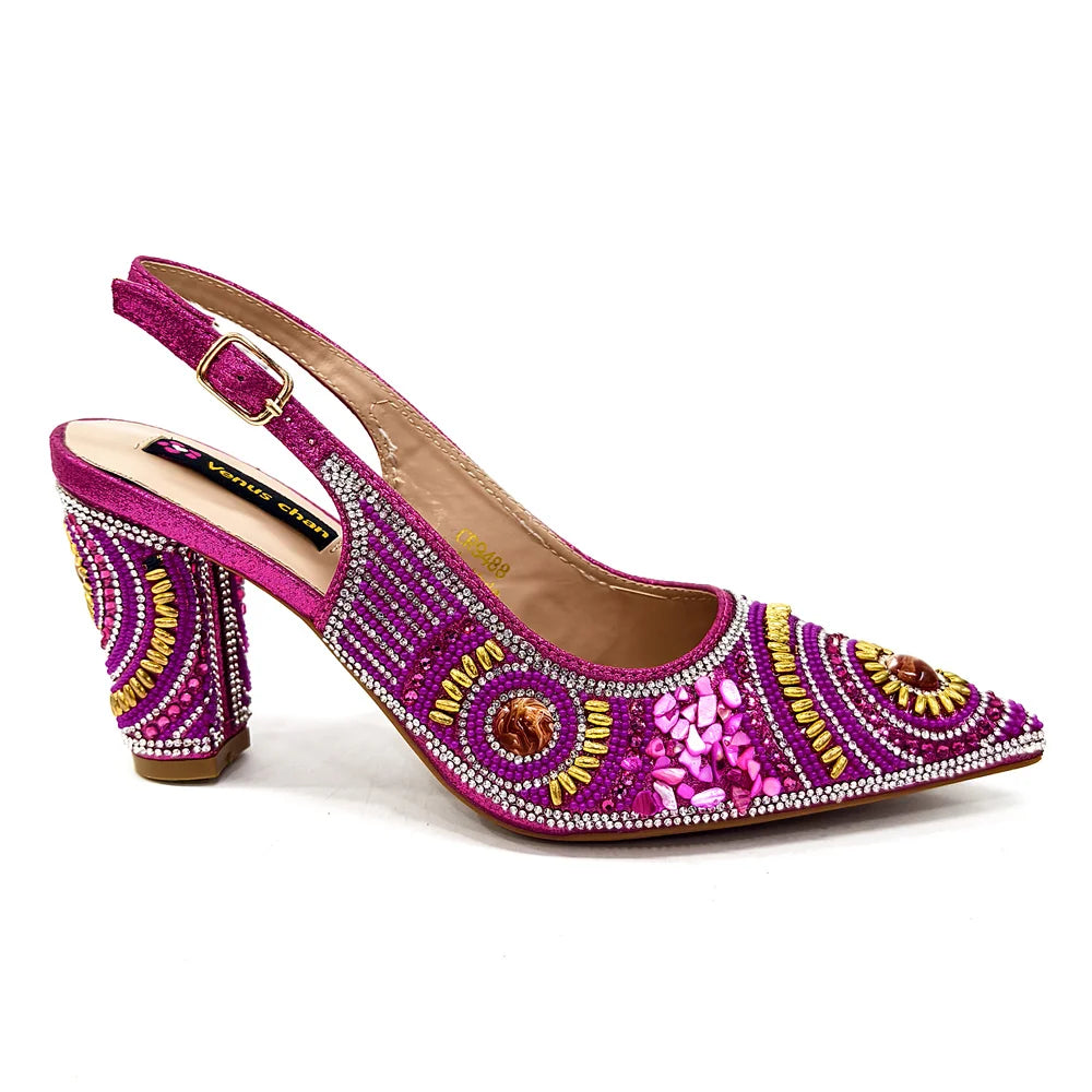 2025 Moda Mais Recente Chegada Laranja Ponta Fina Sandálias Femininas Sapatos com Bolsa Conjunto para Senhoras Festa de Casamento Salto