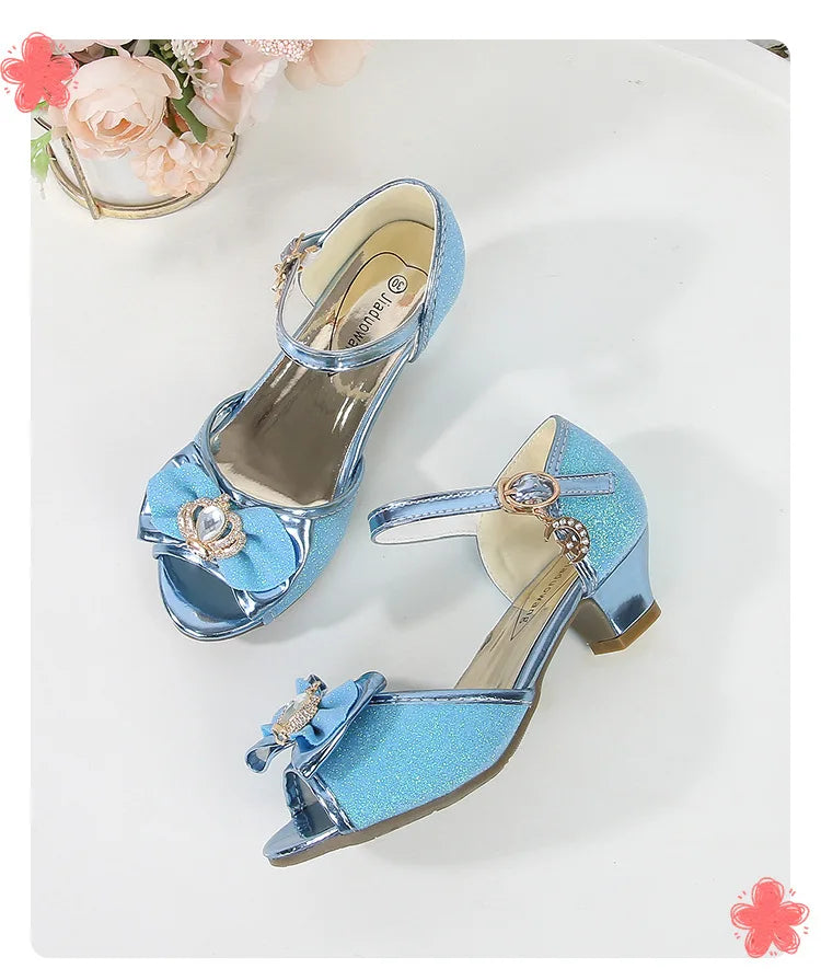 Girls Princess Sandals Summer Open-toe Elegant Children High Heels Fashion Sequins Crown Kids Causal Glitter Wedding Dress Shoes
