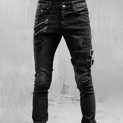 New retro thigh double zipper straight leg jeans men's zipper hole street wear punk tight denim work pants pants Y2K clothing