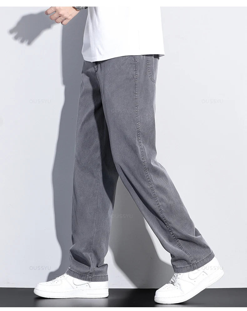 Summer New Upgrade Soft Lyocell Fabric Jeans Men Ultrathin Blue Elastic Waist Loose Straight Denim Trousers Male Plus Size 5XL