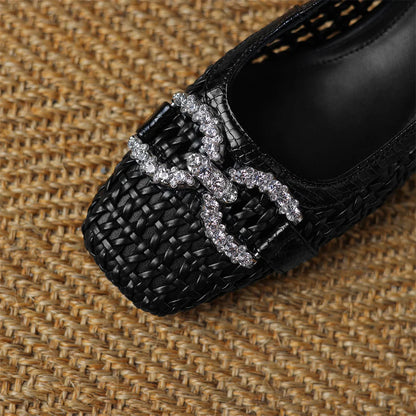 Women's genuine leather braided microfiber patchwork summer breathable pumps crystal buckle 4cm thick med heel daily dress shoes