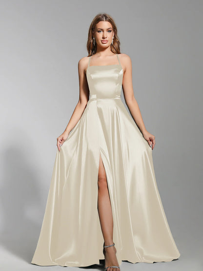 Women Sexy Prom Dresses Lace-Up Spaghetti Straps Backless Sling Evening Dress Satin A-Line High Split Maxi Train Party Gowns