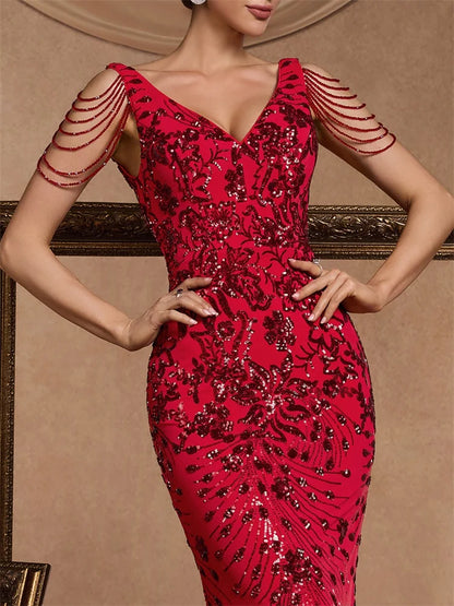Elegant Deep V-Neck Red Sequin Formal Evening Dresses Women 2024 Beading Wedding Party Mermaid Cocktail Prom Gown