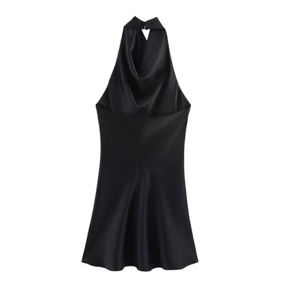 Silk Satin Texture Summer New Arrival Women's  Dr Hanging Ne Collar Gown Soft A-Line Skirt High Waist Pure Color